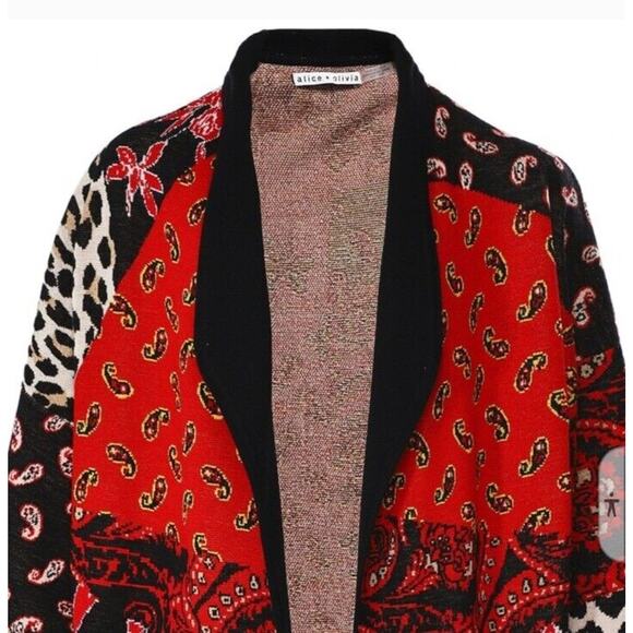 Alice + Olivia Cardigan Hester S RED BLACK Paisley Cheetah Patchwork Oversized - Picture 5 of 16